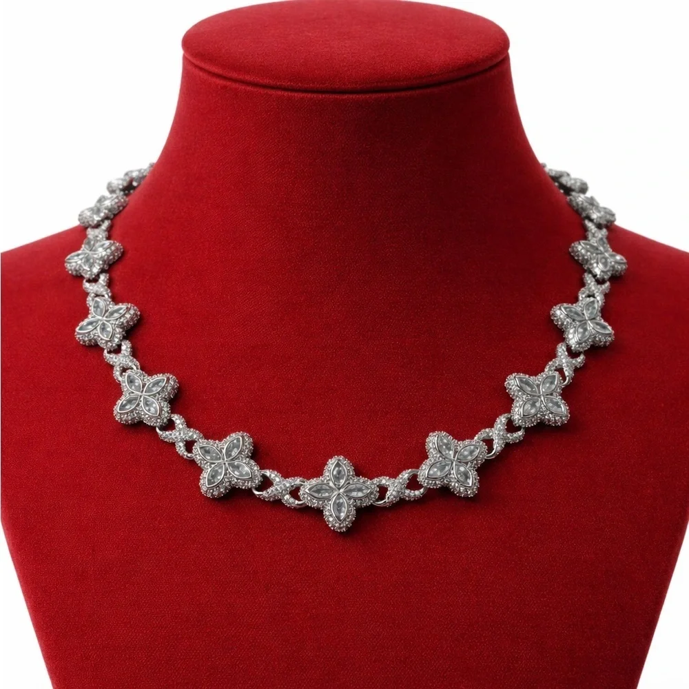 Crystal clover Flower Link Necklace - Silver 20inch